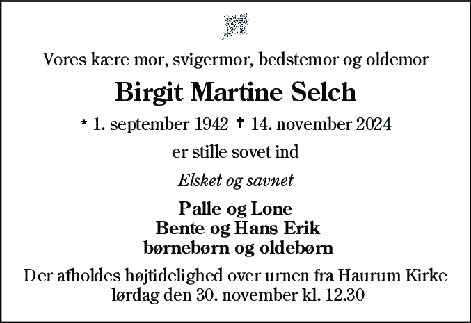 Dødsannonce for Birgit Martine Selch
