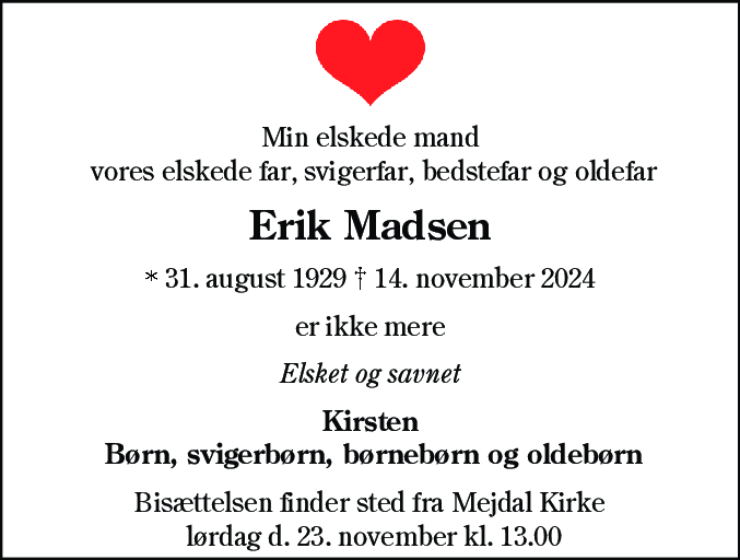 Dødsannonce for Erik Madsen