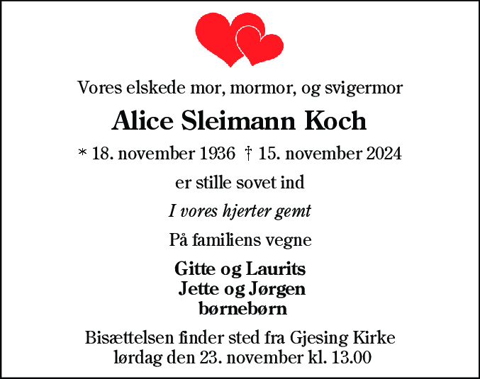Dødsannonce for Alice Sleimann Koch