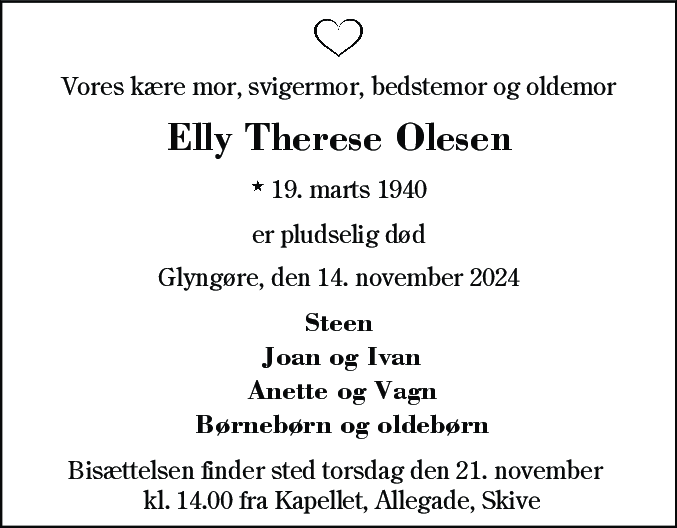 Dødsannonce for Elly Therese Olesen