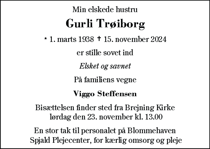 Dødsannonce for Gurli Trøiborg