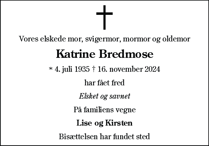Dødsannonce for Kathrine Meta Bredmose