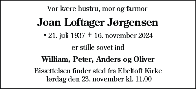 Dødsannonce for Joan Loftager Jørgensen