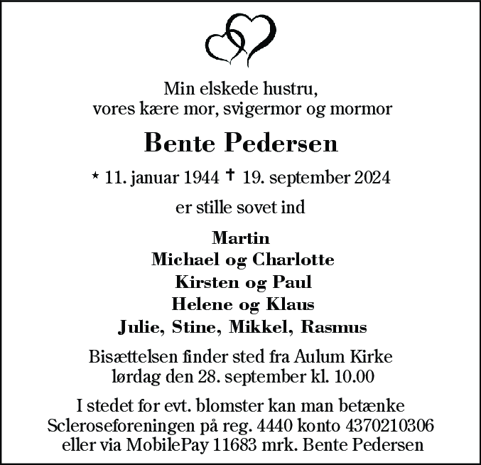 Dødsannonce for Bente Pedersen