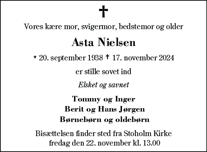 Dødsannonce for Asta Nielsen