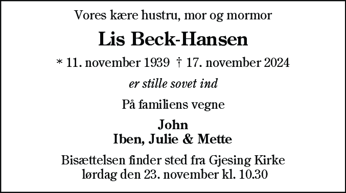 Dødsannonce for Lis Beck-Hansen