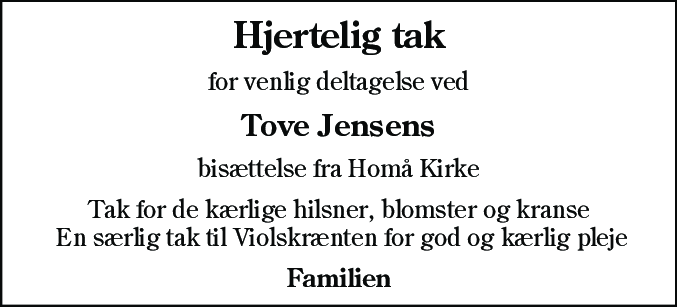 Dødsannonce for Tove Jensen