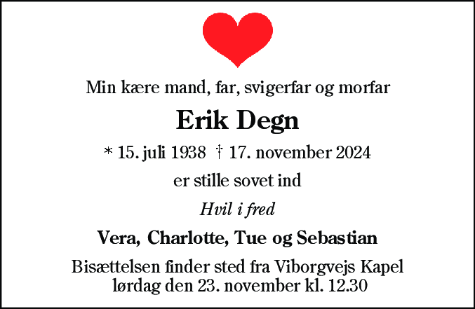 Dødsannonce for Erik Degn