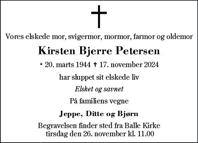 Dødsannonce for Kirsten Bjerre Petersen