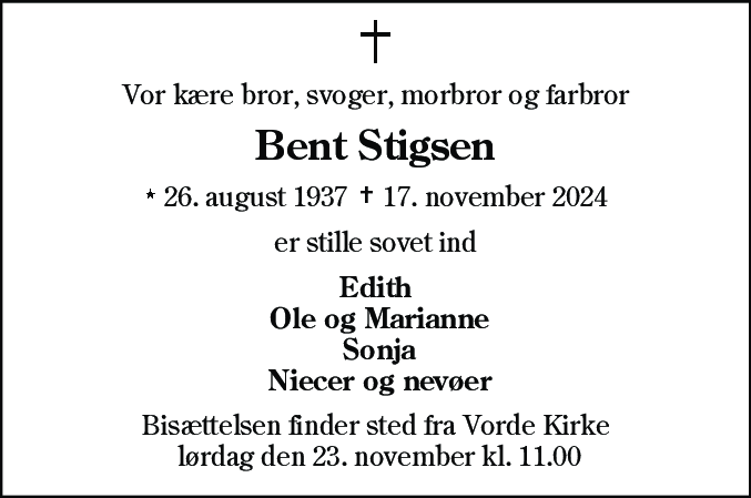 Dødsannonce for Bent Stigsen