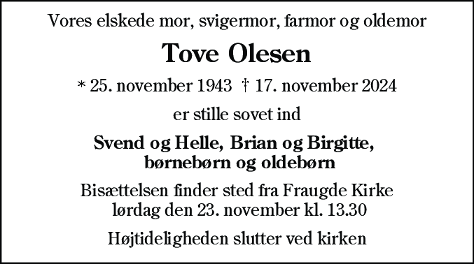 Dødsannonce for Tove Olesen
