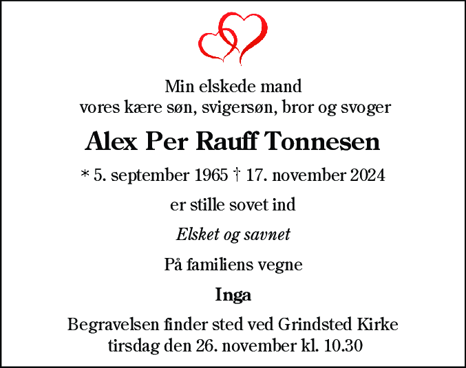 Dødsannonce for Alex Per Rauff Tonnesen