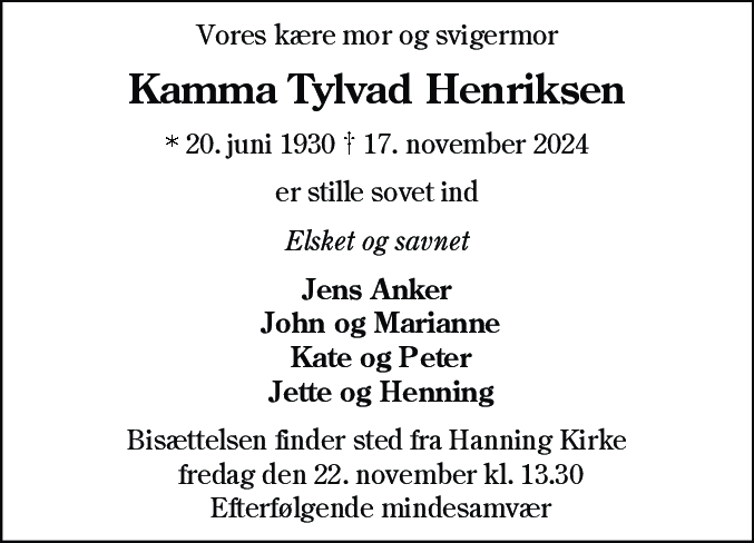 Dødsannonce for Kamma Rahbæk Henriksen