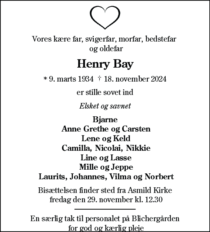 Dødsannonce for Henry Bay