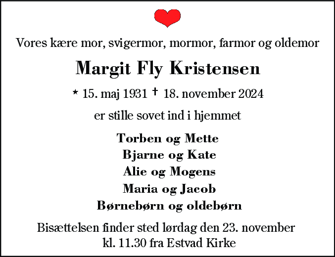 Dødsannonce for Margit Fly Kristensen