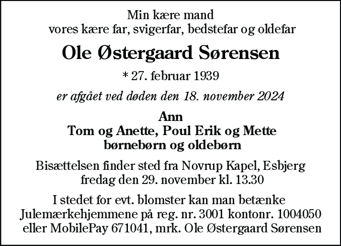 Dødsannonce for Ole Østergaard Sørensen