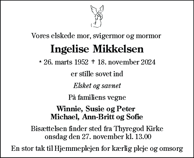 Dødsannonce for Ingelise Mikkelsen