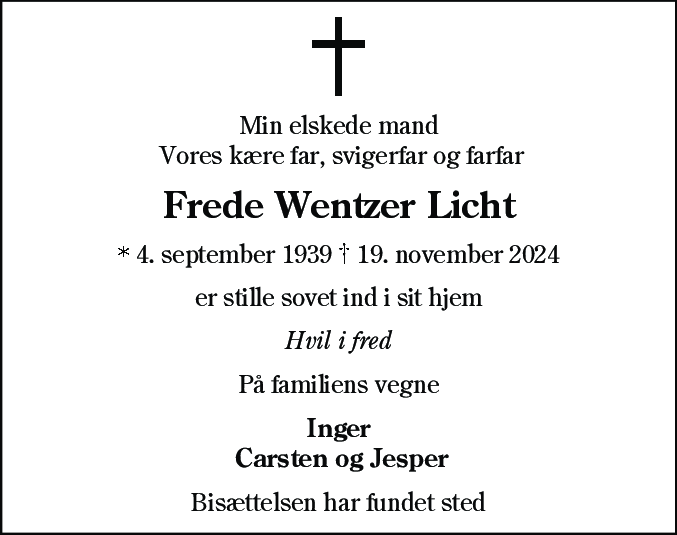 Dødsannonce for Frede Wentzer Licht