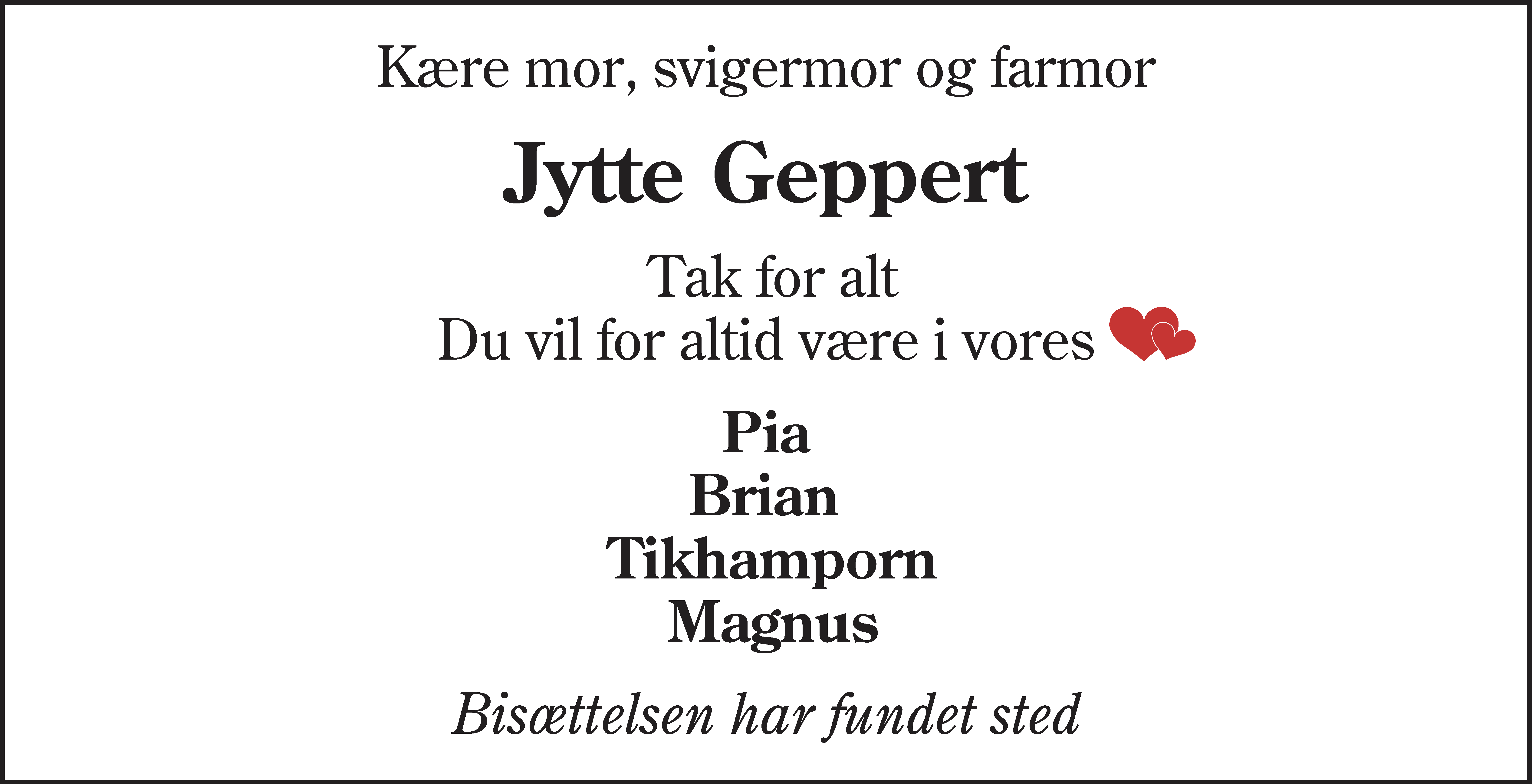 Dødsannonce for Jytte Geppert