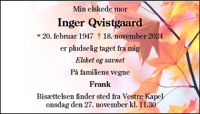 Dødsannonce for Inger Qvistgaard