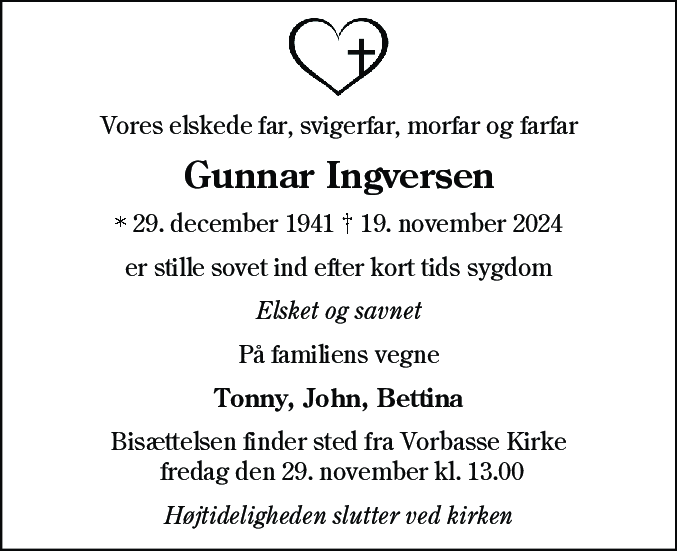 Dødsannonce for Gunnar Ingversen