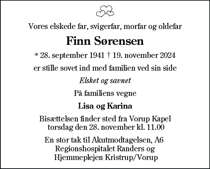 Dødsannonce for Finn Sørensen