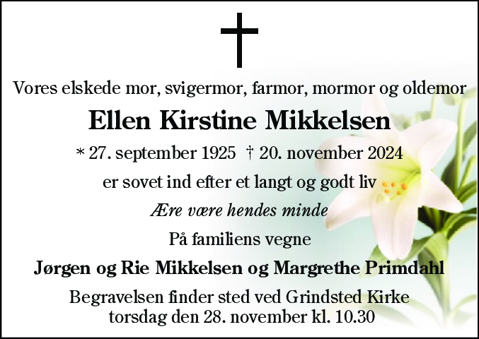 Dødsannonce for Ellen Kirstine Mikkelsen