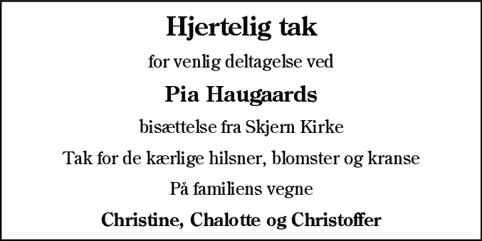 Dødsannonce for Pia Haugaard