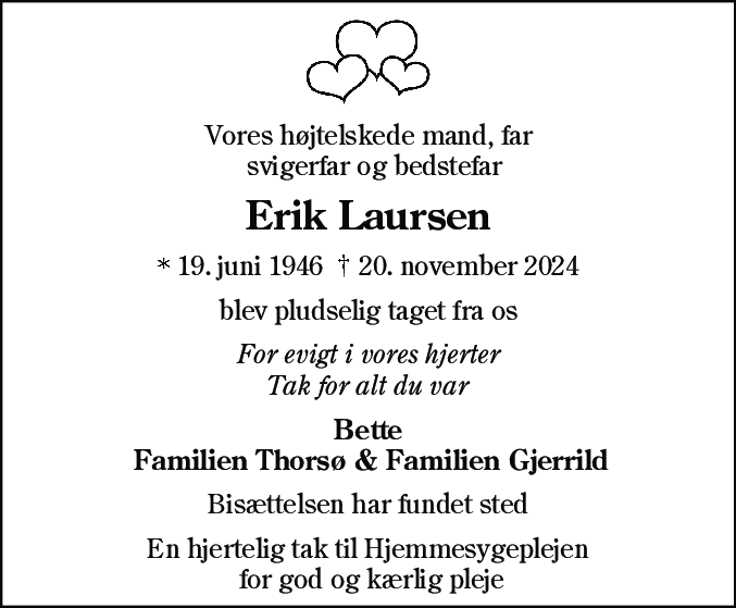 Dødsannonce for Erik Laursen