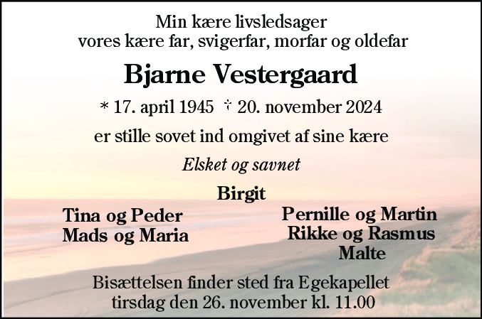 Dødsannonce for Bjarne Vestergaard