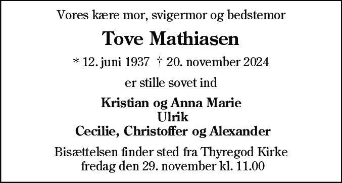 Dødsannonce for Tove Mathiasen