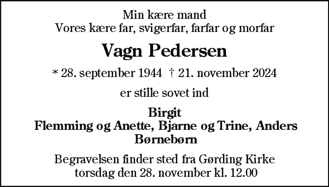 Dødsannonce for Vagn Pedersen
