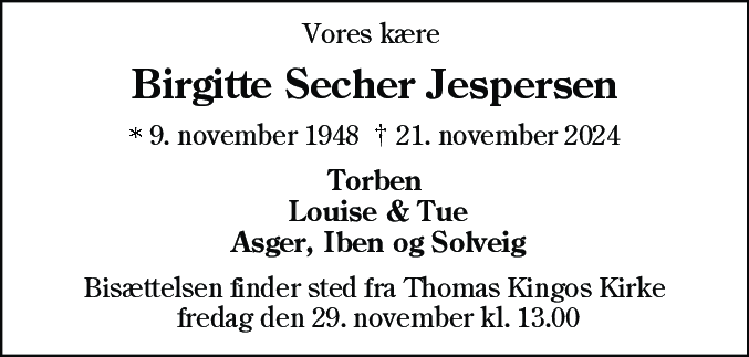 Dødsannonce for Birgitte Secher Jespersen