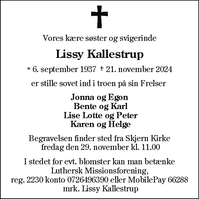 Dødsannonce for Lissy Kallestrup