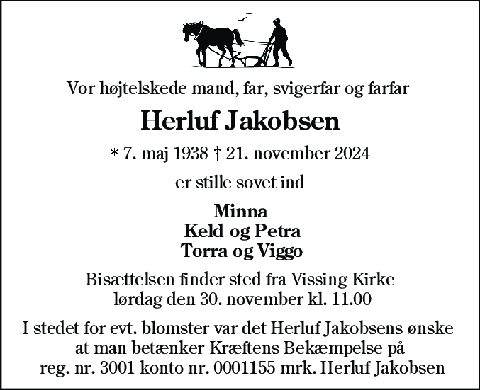 Dødsannonce for Herluf Jakobsen