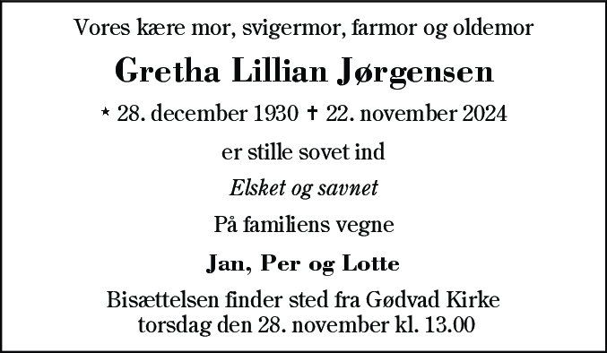 Dødsannonce for Grethe Lillian Jørgensen