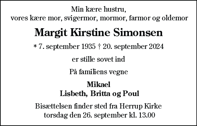 Dødsannonce for Margit Kirstine Simonsen