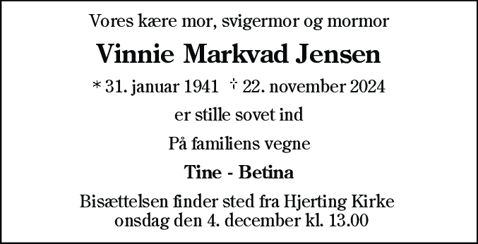 Dødsannonce for Vinnie Markvad Jensen