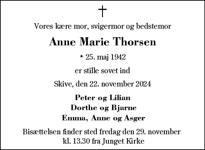 Dødsannonce for Anne Marie Thorsen