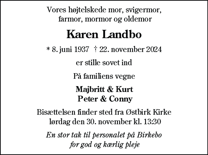 Dødsannonce for Karen Landbo