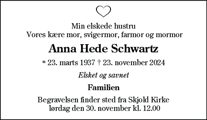 Dødsannonce for Anna Hede Schwartz