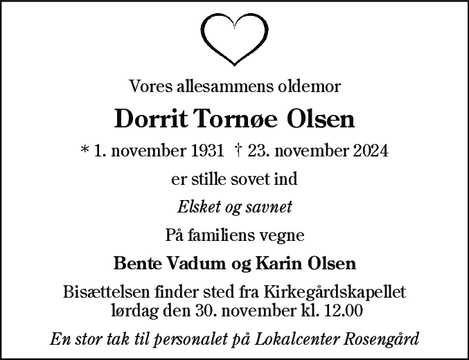 Dødsannonce for Dorrit Tornøe Olsen