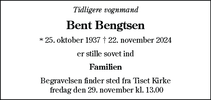 Dødsannonce for Bent Bengtsen
