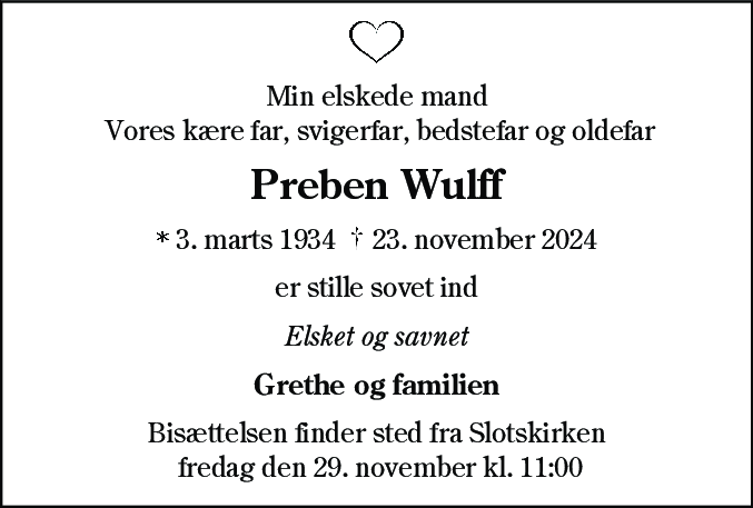 Dødsannonce for Preben Wulff