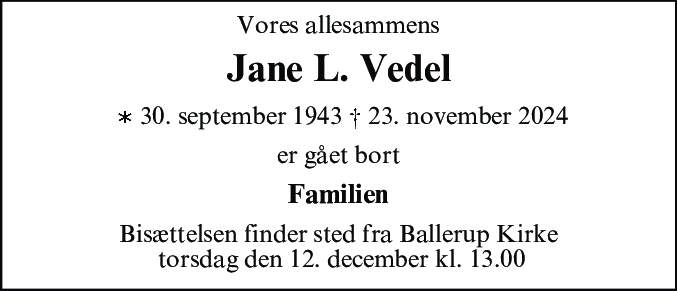 Dødsannonce for Jane Lydia Vedel