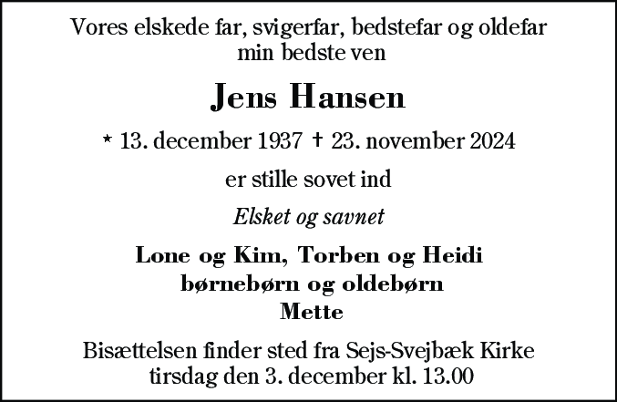 Dødsannonce for Jens Pedersen Hansen