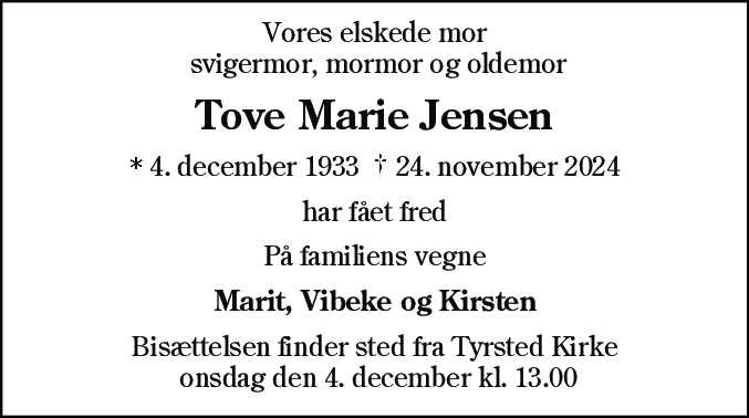 Dødsannonce for Tove Marie Jensen