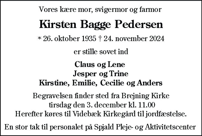 Dødsannonce for Kirsten Bagge Pedersen