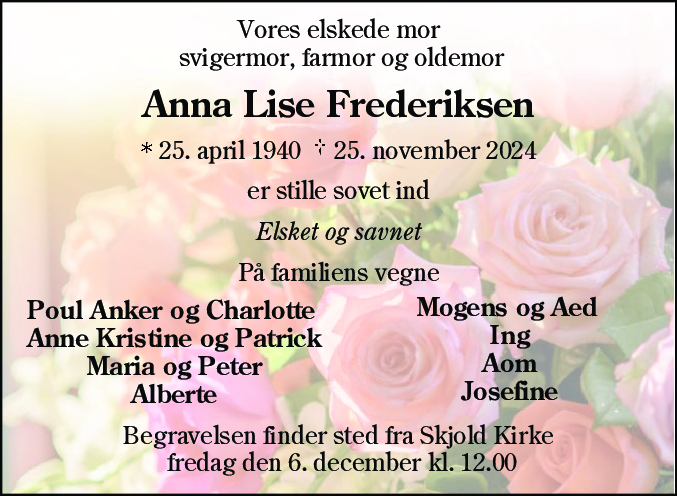 Dødsannonce for Anna Lise Frederiksen
