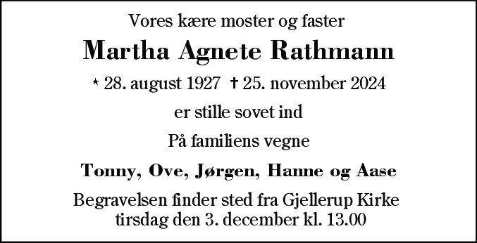Dødsannonce for Martha Agnete Rathmann